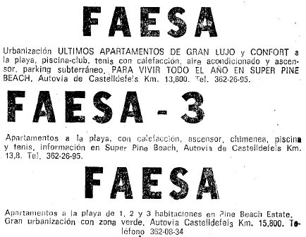 Anunci de les diferents fases de Pine Beach de Gav Mar (Pine Beach Estate i Super Pine Beach) publicat al diari La Vanguardia el 10 de Febrer de 1973